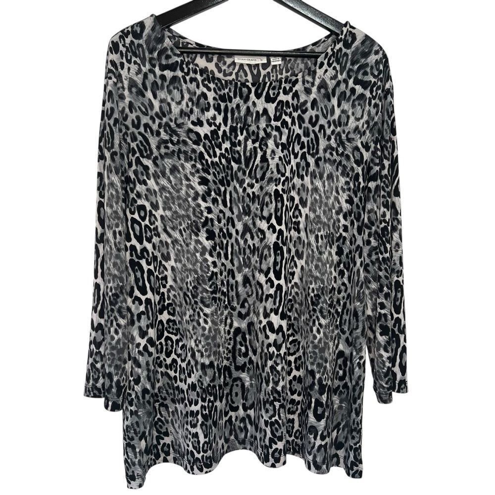 Susan Graver Animal Print Top Womens XL Gray Black 3/4 Sleeve Scoop Neck Tunic